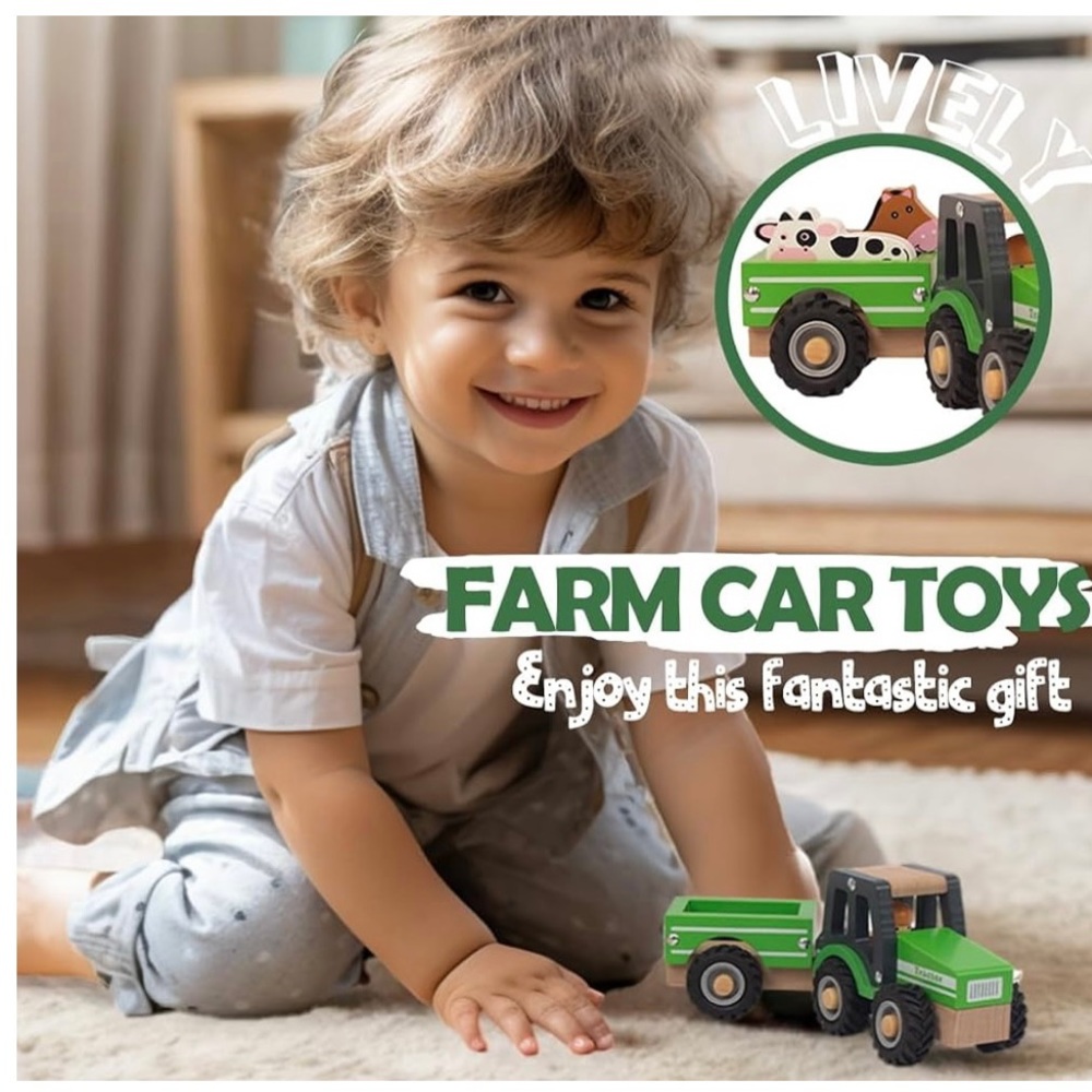 Wooden Tractor Toys for Toddlers 1-3, Baby Vehicle Toys Hand Push Car,Green - Picture 3 of 6